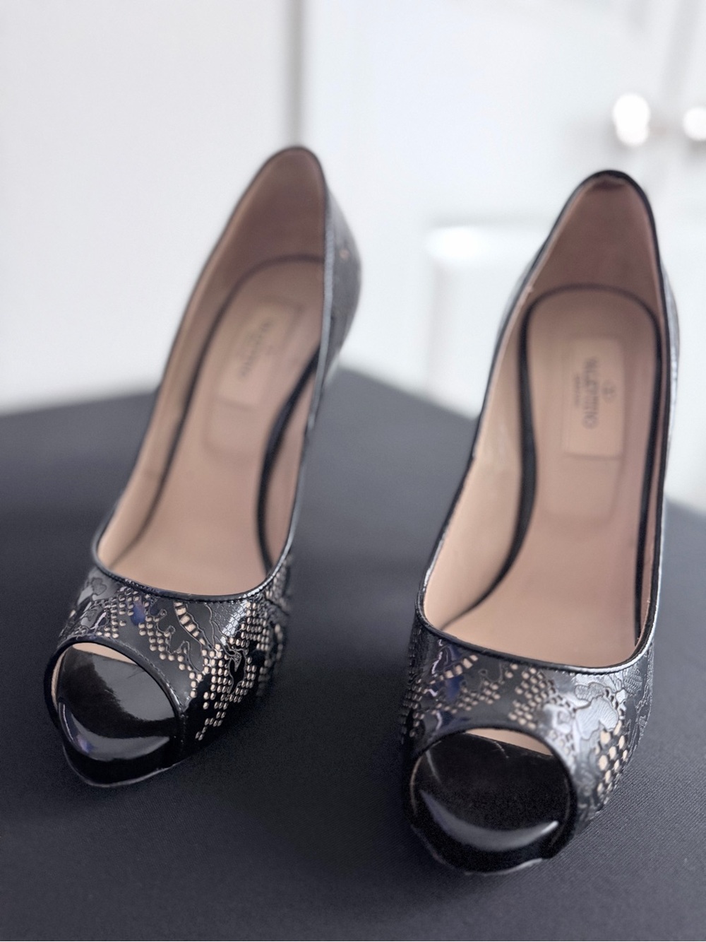 Valentino Black Lace Peep-Toe Pumps with Metallic Accents